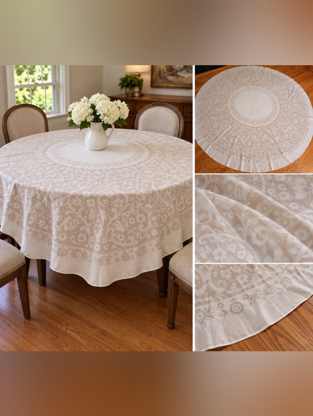 vintage 96" round ivory damask tablecloth floral scroll pattern